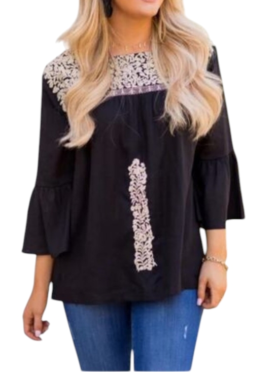 j. marie Tops - j. Marie The Amanda Black/Cream Embroidered Bell-Sleeve Peasant Blouse